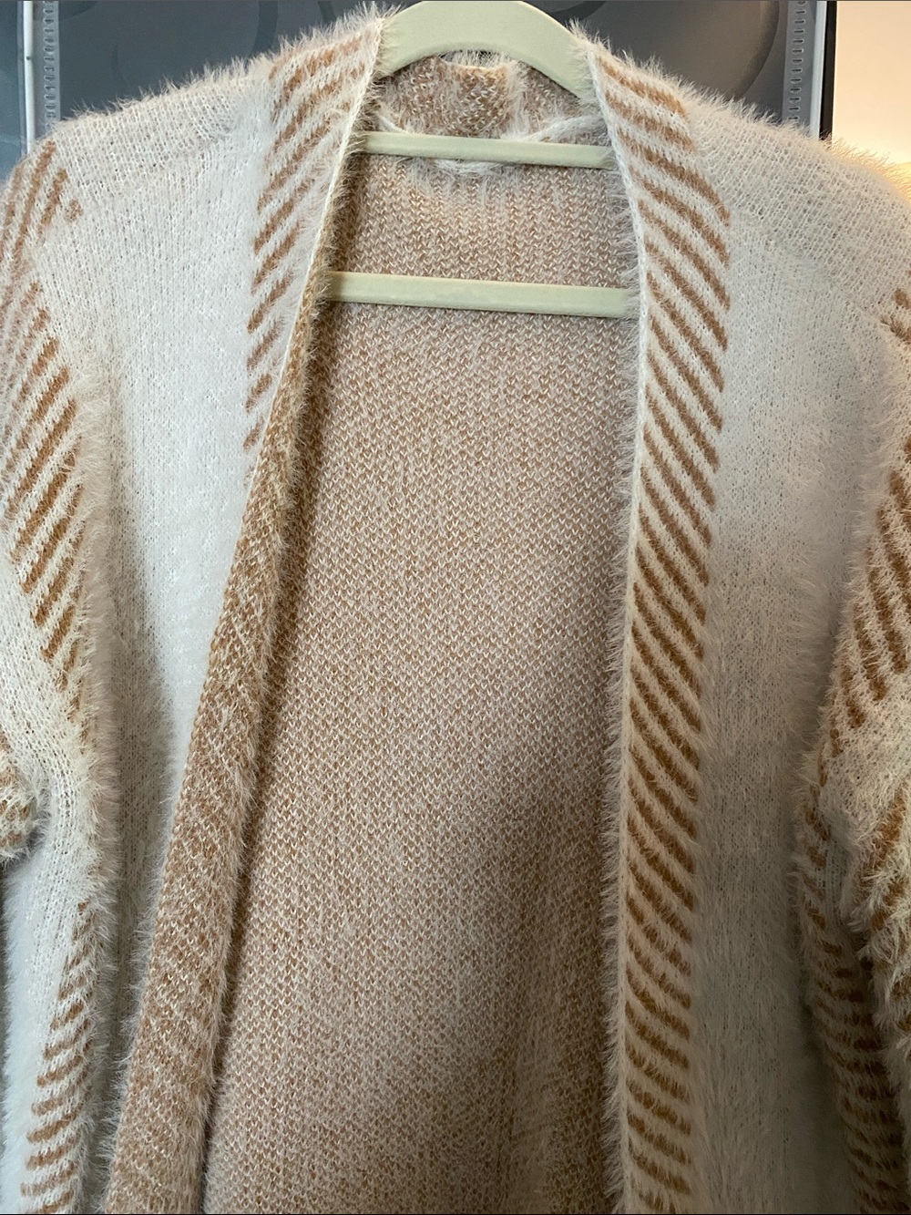 Cozy Cream & Tan Open-Front Fuzzy Women's Sweater